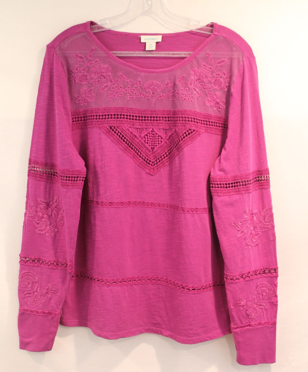Sundance Embroidery Lace Top Womens size M Fuchsia Round Neck Long Sleeve
